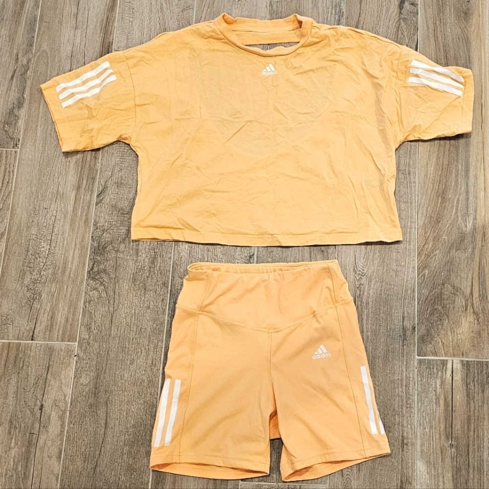 adidas Women's Athletic Shorts Set in Light Orange with White Stripes